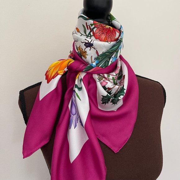 New Gucci Scarf Floral 1 Print Iconic Multicolor Pink Border Silk Wrap - Picture 12 of 15